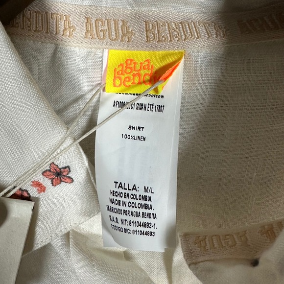 NWT Agua Bendita Ete Swan Shirt 100% Linen Embroidered Cream M/L Cover Up Resort - Picture 8 of 12